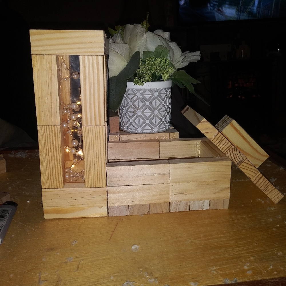 Wooden storage box w lid and open view light tower with candle/flower stand